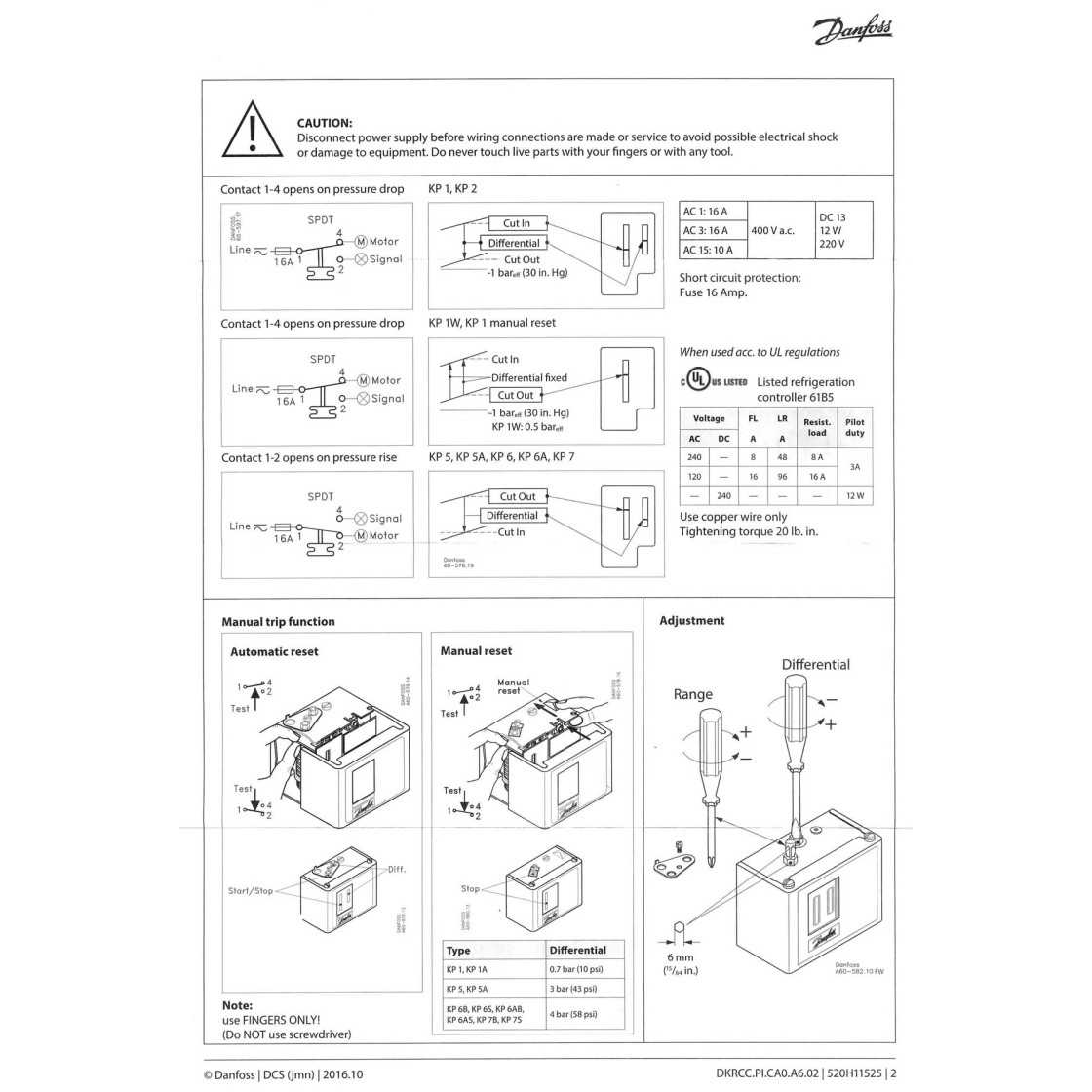 Pressure Switch Danfoss Kp6w 060 519066 133 36