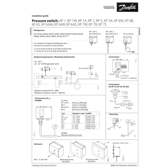 Pressure Switch Danfoss Kp6w 060 519066 133 36